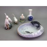 Five pieces of Royal Copenhagen porcelain, crab dish 2465, 23cm wide, lovebirds 402, cockerel 1127,