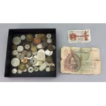 A small collection of world coinage including a Victorian silver sixpence (qty).