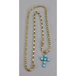 A gold and turquoise pendant and chain, the cross set with six turquoise cabochons,