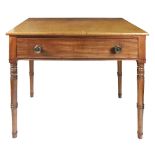 A Regency mahogany side table, the rectangular top above a frieze drawer, on ring turned legs,