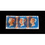 Great Britain; 1840 Queen Victoria 2d blue, used strip of three, good margins top, bottom and left,