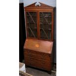 A 'Sheraton Revival' mahogany satinwood crossbanded boxwood and ebony strung bureau bookcase,