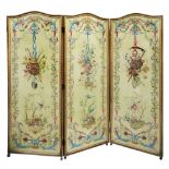 A French arched giltwood frame three-fold screen, late 19th/early 20th century,