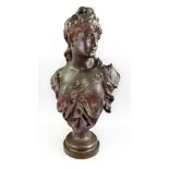 After Jules Faber, a bronzed bust of a young lady her long hair adorned with a floral hair band,