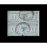 Great Britain; 1891 Queen Victoria £1 green, vertical pair with neat oval registered cancels.