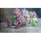 Russian School, (20th century), Still life of lilac, oil on canvas, unframed and unstretched,