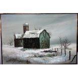 W. S. Chiang (late 20th century), Barn in a winter landscape, oil on canvas, signed, 59cm x 89cm.