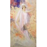 C** M** (early 20th century), An elegant lady, watercolour, signed with monogram, 49cm x 27cm.
