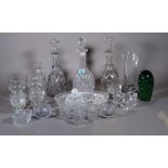 Glassware, including; decanters, a green glass dump weight, an oval dish,