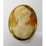 A 9ct gold mounted large oval shell cameo brooch, designed as the portrait of a lady with a flower,