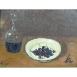 Russian School (20th century), Still life of decanter and cherries, oil on board,