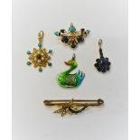 A gold, seed pearl and turquoise set pendant, a gold, rose diamond set and enamelled brooch,