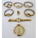 Six 9ct gold cased lady's wristwatches, including; a rectangular cased wristwatch,