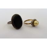 A gold, imitation pearl and diamond cluster ring,