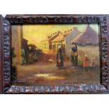 Dutch School (early 20th century), Figures in a village street, oil on panel, 15cm x 22cm.