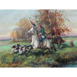 Russian School (20th century), Kozaks riding, oil on canvas, indistinctly signed, unframed,