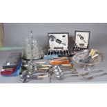 Silver plated wares, including; flatware, a condiment stand, fruit bowl, Rolls Razor and sundry,