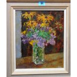 J. Miller (20th century), Still life of flowers in a vase, oil on board, signed, 30cm x 23.5cm.