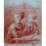 German School (18th century), Figures at a table, red chalk, indistinctly inscribed, 19cm x 16cm.