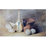 Circle of William Henry Hunt, Still life of bottle, broken pot, apples and caddy, watercolour,