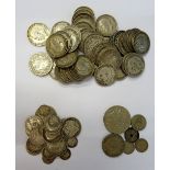 A group of British pre-decimal, pre 1920, silver coins, comprising; half crowns, florins, shillings,