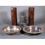 Collectables, including; a pair of silver plated large circular dishes with floral relief banding,