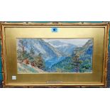 Tristram Ellis (1844-1922), Mountain and lake view, watercolour, signed, 17cm x 37cm.
