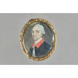 An oval portrait miniature of a gentleman, with grey hair, his coat having a red collar,