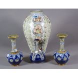 A Denby stoneware pottery vase, 34cm high, a pair of baluster Doulton vases,