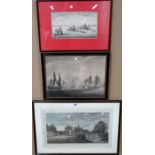 A group of six prints and engravings, views including; Westminster Abbey, Versailles,