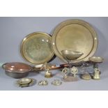 Brassware, including; two circular trays, a warming pan, a set of scales and sundry, (qty).