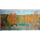Russian School (20th century), Autumnal landscape, oil on canvas, unframed and unstretched,