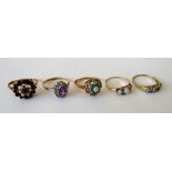 A 9ct gold, garnet and opal cluster ring, a gold ring,