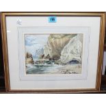 A group of four watercolours, including two coastal scenes, a still life of daisies in a vase,