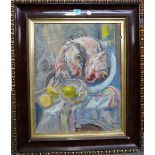 Follower of Nandor Kemeny, Still life of fish and lemons, oil on canvas laid on board,