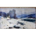 Russian School (20th century), Figures in a snowy winter landscape, oil on canvas,