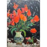 Russian School (20th century), Still life of red tulips in a vase, oil on canvas, unframed, 78.
