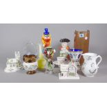 Ceramics & glass, including; Murano style clown, a lustre jug, a Toby jug,