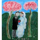 Dora Holzhandler (1928-2015), Bride and groom beneath blossom trees, gouache, signed and dated 2001,