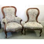 A Victorian walnut frame armchair, circa 1860, scroll carved with upholstered back,