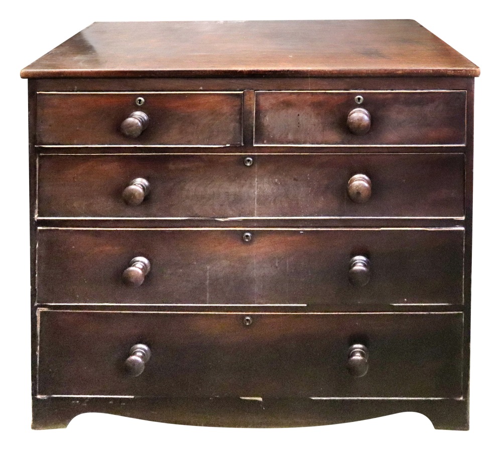 A George III mahogany chest, with two short and three long drawers, 104cm wide, 48cm deep,