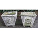 A pair of square pre-cast terrace urns, 20th century, 52cm wide x 44cm high.
