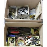 A miscellaneous group of tools, Clarke 4 jaw independent chuck, boxed, brass fittings,