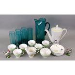 A vintage Danish Holmegaard turquoise blue glass water pitcher and six tumblers,