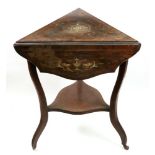 A late Victorian rosewood triangular table, boxwood strung and inlaid with engraved bone,