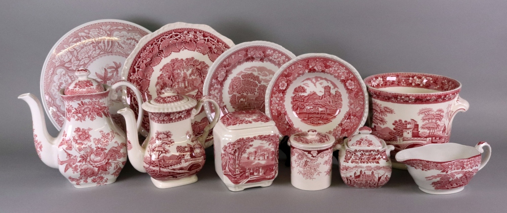 An Adams English Scenic thirty four piece red printed dinner service,