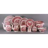 An Adams English Scenic thirty four piece red printed dinner service,