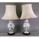 A pair of modern 'famille rose' vase shape table lamps and shades,