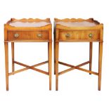A pair of reproduction George III style yew wood tray top lamp tables, each with a drawer,