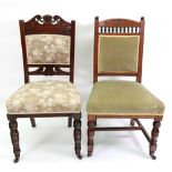 A pair of Edwardian carved walnut upholstered dining chairs, labelled C & R Light, Curtain Road,